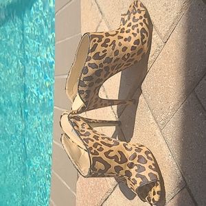 Kristen Cavallari Lucky Leopard Pony Fur Tan Mules High Heels size 7.5